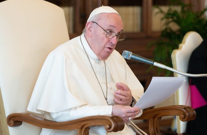 In this file photo, Pope Francis speaks during his general audience in the library of the Apostolic Palace at the Vatican March 17, 2021. The pope spoke about the role of the Holy Spirit in making Jesus present in people's lives. (CNS photo/Vatican Media.)