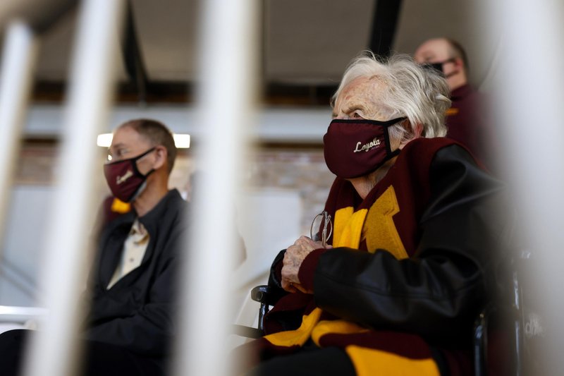Sister Jean Dolores Schmidt, longtime chaplain of the Loyola University Chicago men's basketball team, is seen March 19, 2021, during the first round of the NCAA Tournament at Hinkle Fieldhouse in Indianapolis. Sister Schmidt, a member of the Sisters of Charity of the Blessed Virgin Mary, was cleared to attend games after receiving her COVID-19 vaccine. (CNS photo/Alton Strupp, IndyStar, USA TODAY Sports via Reuters)
