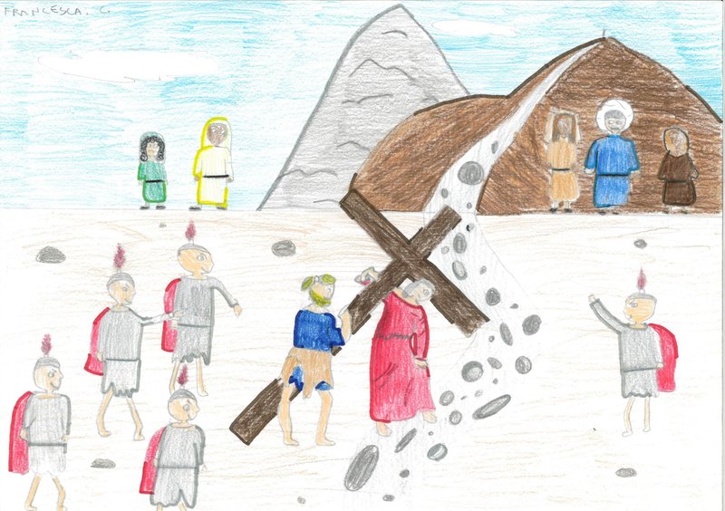 This drawing by a child at an Italian parish helps illustrate a booklet for Pope Francis' April 2, 2021, commemoration of the Way of the Cross. Like last year, the service on Good Friday will be held in St. Peter's Square without the presence of the general public. (CNS photo/Libreria Editrice Vaticana)