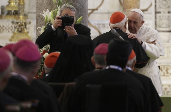 Pope Francis hugs Cardinal Gualtiero Bassetti inside the St. Nicholas Basilica on the occasion of the "Mediterranean sea a border of peace" conference in Bari, Italy, Sunday, Feb. 23, 2020. (Gregorio Borgia/AP via Crux)