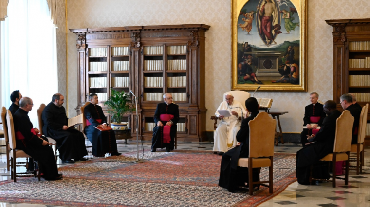 Pope Francis gives his general audience address in the library of the Apostolic Palace March 31, 2021. (Vatican Media)