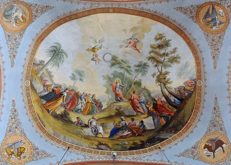 “The Sermon of Jesus on the Mount,” fresco by Franz Xaver Kirchebner in the parish church of St. Ulrich in Gröden, South Tyrol, Italy, late 18th century. (Wikimedia Commons)
