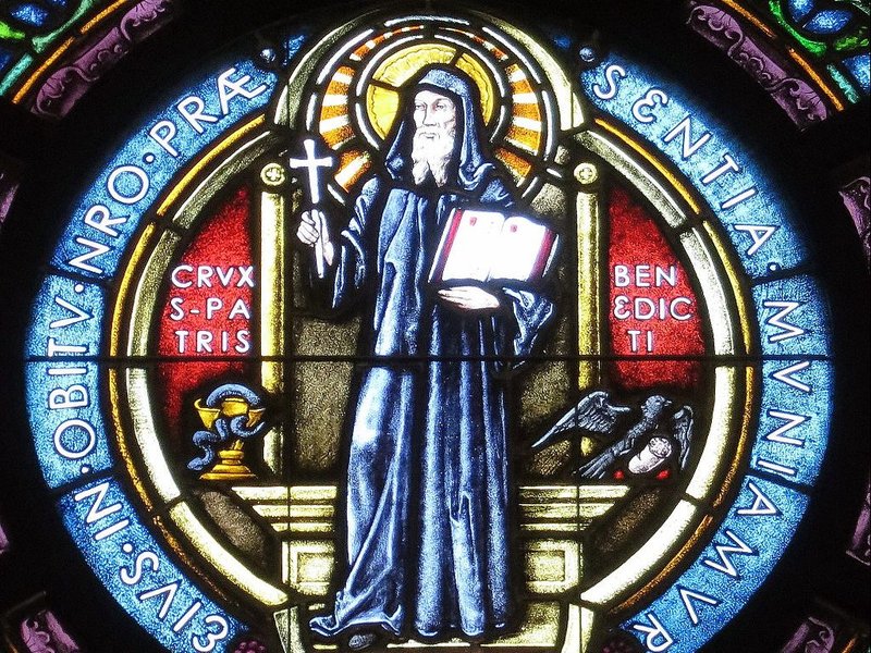 Stained-glass window of St. Benedict of Nursia in St. Benedict’s Church, Chesapeake, Virginia. (Wikimedia Commons)