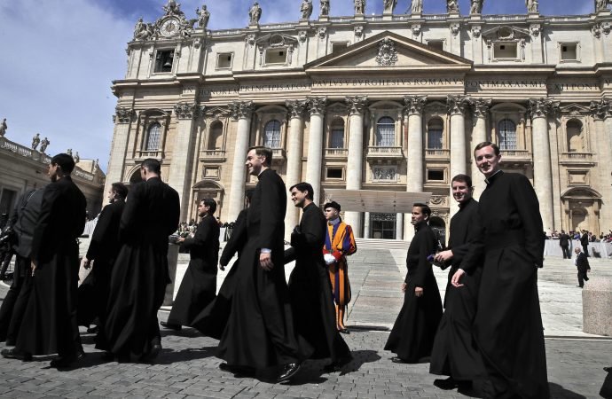 Members of the Legionaries of Christ order walks in St. Peter's Square after meeting Pope Francis at the end of his weekly general audience, at the Vatican, Wednesday, May 8, 2019. (Alessandra Tarantino/AP via Crux)