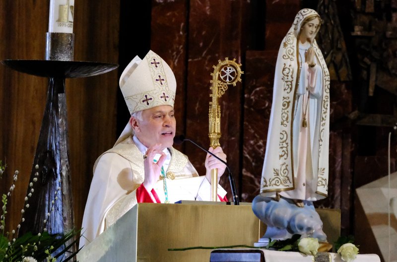 San Francisco Archbishop Salvatore J. Cordileone speaks during an Easter Saturday prayer service for peace April 10, 2021, at the Cathedral of St. Mary of the Assumption in San Francisco. Worshippers joined in prayer for unity and peace and an end to violence and racism against Asian Americans. (CNS photo/Dennis Callahan, Archdiocese of San Francisco)
