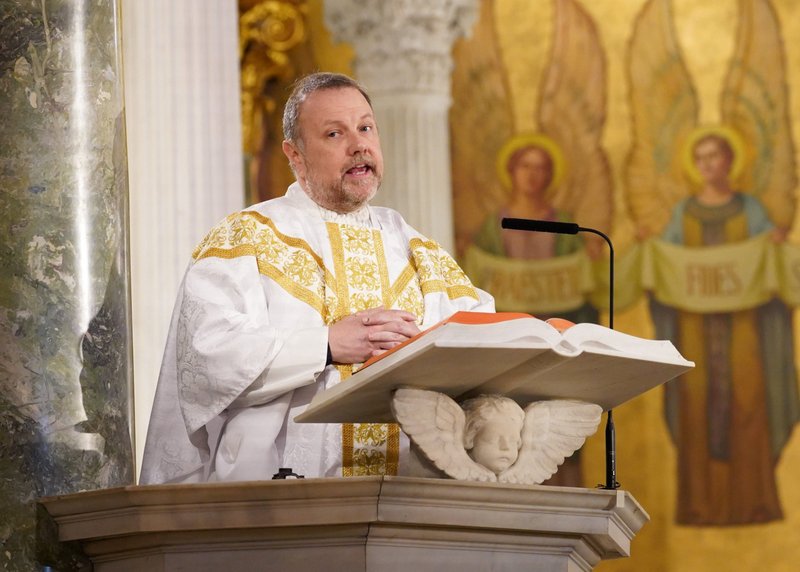 Msgr. Kieran E. Harrington of the Diocese of Brooklyn, N.Y., is pictured speaking from the ambo of St. Josephs Co-Cathedral in Brooklyn April 26, 2020. It was announced April 14, 2021, that Msgr. Harrington had been named as the new national director of the Pontifical Mission Societies in the United States, succeeding Oblate Father Andrew Small. (CNS photo/Gregory A. Shemitz)