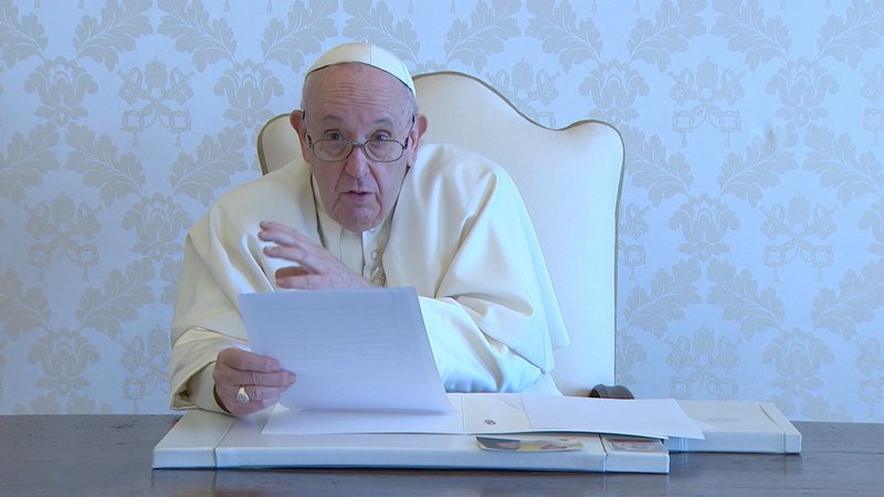 Pope Francis speaks in a video message to an online international conference on "A Politics Rooted in the People" in this still image taken from video released April 15, 2021, by the Holy See Press Office. (CNS photo/Holy See Press Office)