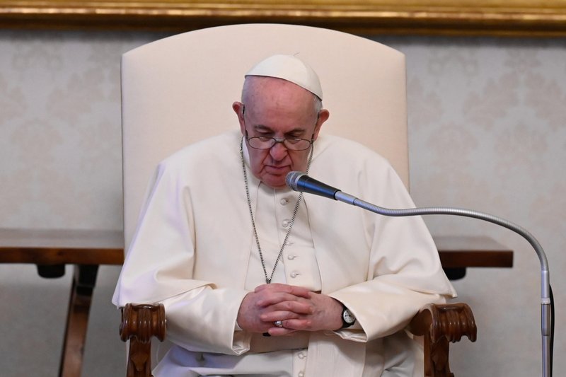 Pope Francis is pictured during his general audience in the library of the Apostolic Palace at the Vatican April 28, 2021. The pope reflected on the theme of meditation as he continued his series of talks on prayer. (CNS photo/Vatican Media)