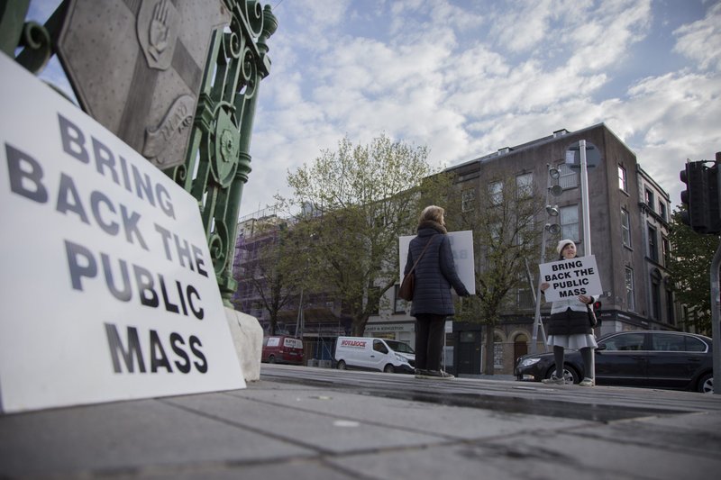 Concerned Catholics protest Ireland's ongoing cancellation of public Mass in Cork City April 29, 2021, during the COVID-19 pandemic. The Irish government has confirmed that a controversial COVID-19-related ban on Catholics attending Mass will be lifted May 10. (CNS photo/Cillian Kelly)