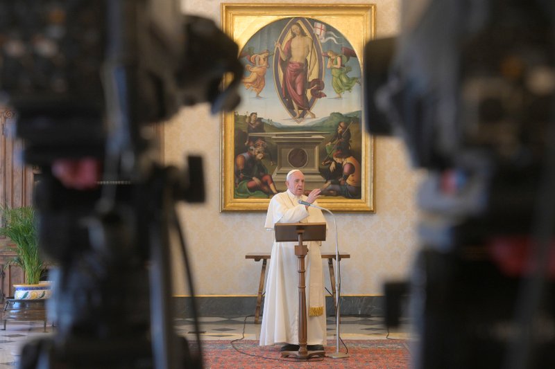 Pope Francis delivers a Regina Coeli address in the library of the Apostolic Palace. (Vatican Media)