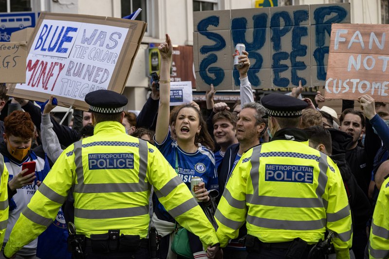Fans of Chelsea Football Club protest against the European Super League April 20 in London. (Rob Pinney/Getty)