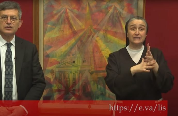 Paolo Ruffini, head of the Vatican's communications department, and Sister Veronica Donatello, head of the Italian bishops’ National Service for the Pastoral Care of People with Disabilities, announce the Vatican's new Sign Language YouTube channels. (Vatican Media/screenshot)