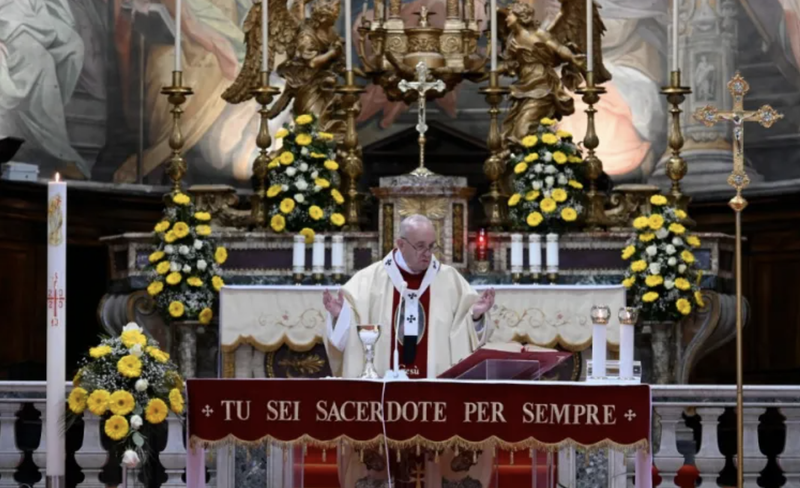 Pope Francis celebrates Mass at Santo Spirito in Sassia April 19, 2020. (Vatican Media)
