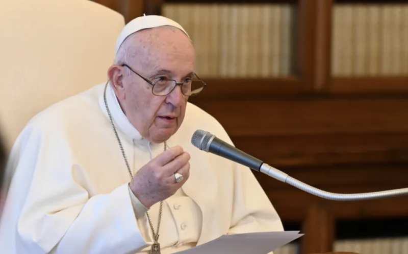 Pope Francis speaks from the Apostolic Palace during his general audience livestream April 14, 2021. (Vatican Media/CNA)