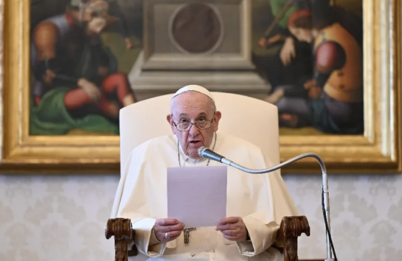 Pope Francis gives a general audience address in the library of the Apostolic Palace. (Vatican Media)