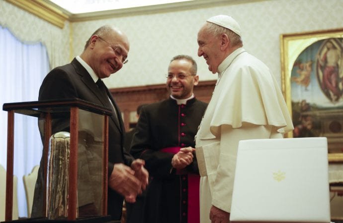 President of the Republic of Iraq Barham Salih is received by Pope Francis in a private audience at The Vatican, Saturday, Jan. 25, 2020. (Credit: Domenico Stinellis/Pool via AP/Crux)