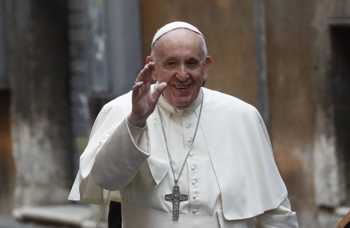 Pope Francis waves as he arrives to celebrate a Mass in the Santo Spirito in Sassia Church in Rome Sunday, April 11, 2021. (Alessandra Tarantino/AP via Crux)