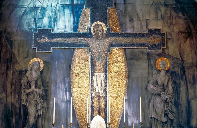 The mural-mosaic "The Crucifixion" by George Mayer-Marton at the closed Holy Rosary Church in Oldham, England. (Courtesy of the Estate of George Mayer-Marton)