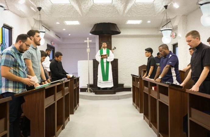 Seminarians meet for prayer Sept. 2, 2020, at the Neocatechumenal Way's Redemptoris Mater Seminary in Hialeah, Fla. (Tom Tracy/CNS)