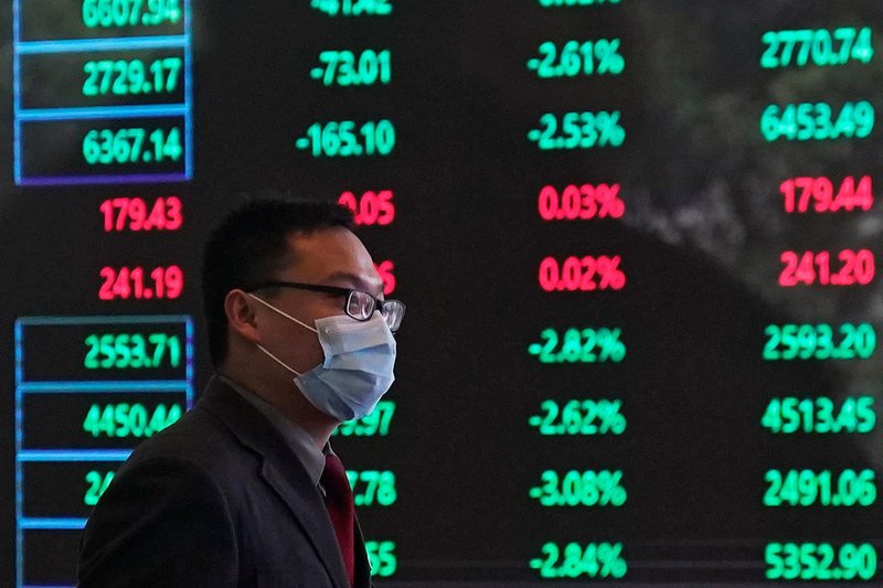 A man wearing a protective mask is seen inside the Shanghai Stock Exchange building during the coronavirus outbreak, at the Pudong financial district in Shanghai in this Feb. 28, 2020, file photo. In a May 4 video message, Pope Francis said markets must be regulated and the poor protected. (CNS photo/Aly Song, Reuters)