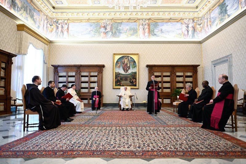 Pope Francis leads his general audience in the library of the Apostolic Palace at the Vatican May 5, 2021. (CNS photo/Vatican Media)