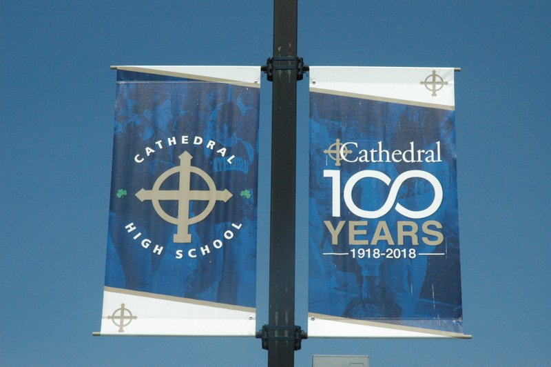 A banner for Cathedral High School in Indianapolis is seen in this 2018 file photo. An Indiana court dismissed a lawsuit from a teacher at the school May 7, 2021, who said he was fired because of his same-sex marriage. (CNS photo/John Shaughnessy, The Criterion)