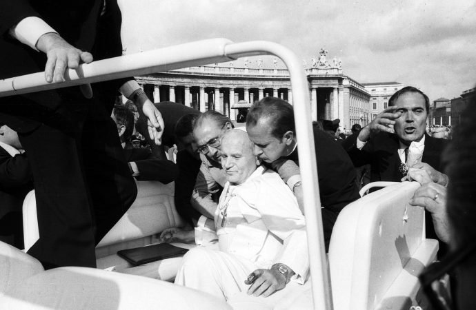 St. John Paul II is assisted by aides after being shot in St. Peter's Square May 13, 1981. The Polish pope, who was shot at the start of his weekly general audience by Mehmet Ali Agca, was convinced that he owed his life to Our Lady of Fatima. (CNS photo/L'Osservatore Romano)