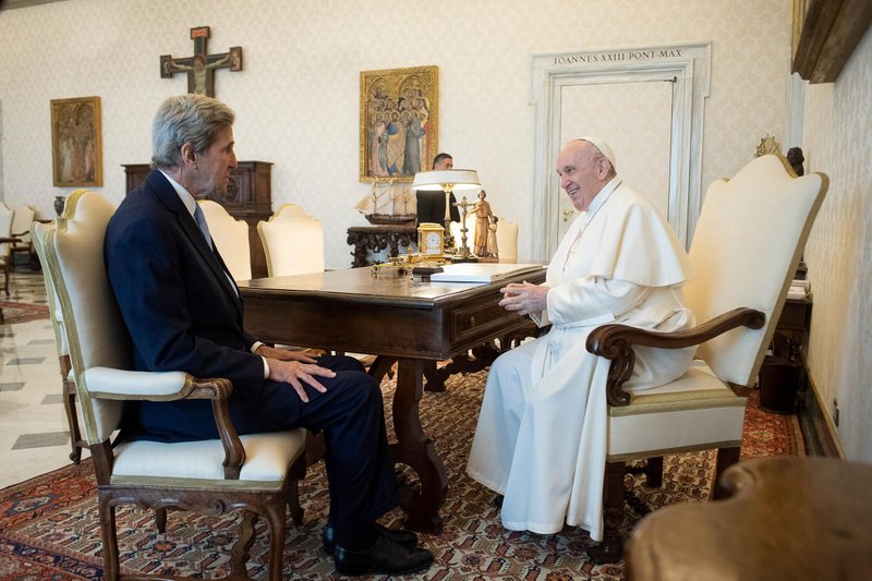 Pope Francis meets John Kerry, U.S. special presidential envoy for climate, at the Vatican May 15, 2021. (CNS photo/Vatican Media)