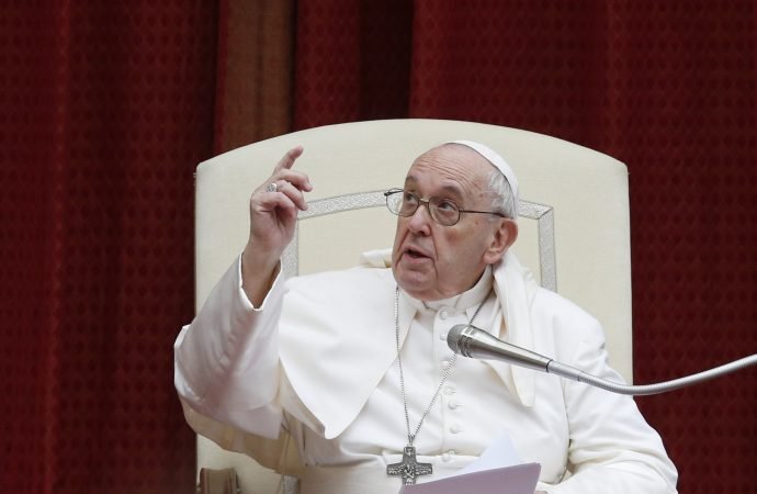 Pope Francis gestures as he leads his general audience in in the San Damaso Courtyard of the Apostolic Palace at the Vatican May 19, 2021. (CNS photo/Paul Haring)