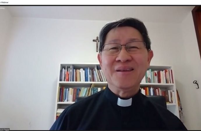 Cardinal Luis Antonio Tagle, prefect of the Congregation for the Evangelization of Peoples, participates in a webinar on the history and meaning of a 1991 Vatican document on interreligious dialogue, in this image from Zoom May 19, 2021. The Vatican webinar explored the document "Dialogue and Proclamation: Reflections and Orientations on Interreligious Dialogue and the Proclamation of the Gospel of Jesus Christ." (CNS photo)