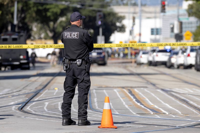Police secure the scene of a mass shooting May 26, 2021, at a rail yard run by the Santa Clara Valley Transportation Authority in San Jose, Calif. The Santa Clara County Sheriff's Office reported eight people were killed and others injured. The gunman also was dead. (CNS photo/Peter DaSilva, Reuters)