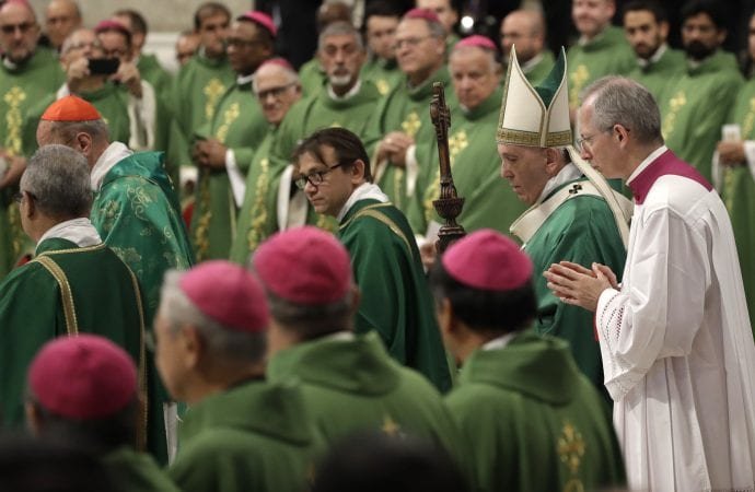 Pope Francis arrives to preside over a Mass for the closing of the Amazon synod in St. Peter's Basilica at the Vatican, Sunday, Oct. 27, 2019. (AP Photo/Alessandra Tarantino via Crux)