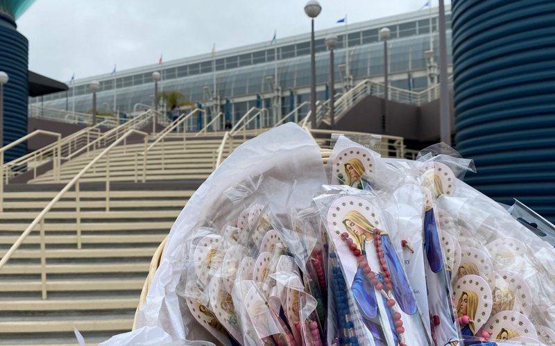 A basket with rosaries to be blessed and given to parentless migrant children from Central America is seen in front of the Long Beach Convention Center the morning of Sunday, May 30, 2021. (Courtesy Archdiocese of Los Angeles)