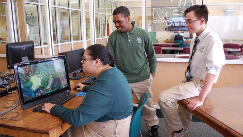 Members of the Mount St. Joseph Academy Esports team Destiny Jurado, Jeremy Gillespie and Keith Dishaw Sinclair are pictured at the school in Rutland., Vt., Feb. 25, 2020. (CNS photo/Cori Fugere Urban, Vermont Catholic)