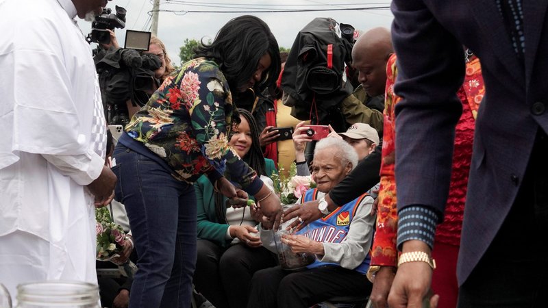 Viola Fletcher, a survivor of the 1921 race massacre in Tulsa, Okla., attends a soil dedication ceremony May 31, 2021, at Stone Hill in Tulsa's Greenwood neighborhood to mark the 100th anniversary of the mass murder of Blacks. (CNS photo/Lawrence Bryant, Reuters)