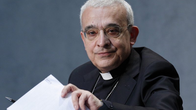 Archbishop Filippo Iannone, president of the Pontifical Council for Legislative Texts, attends a press conference to discuss revisions to the Code of Canon Law, at the Vatican June 1, 2021. Pope Francis has promulgated a revised section of the Code of Canon Law dealing with crimes and punishments. (CNS photo/Paul Haring)