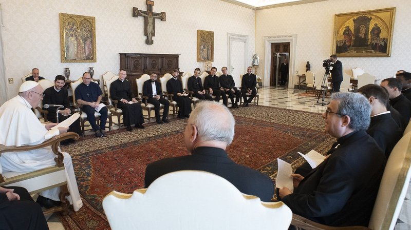 Pope Francis leads an audience June 7, 2021 at the Vatican with priests staying at the St. Louis of France residence for priests in Rome. (CNS photo/Vatican Media)