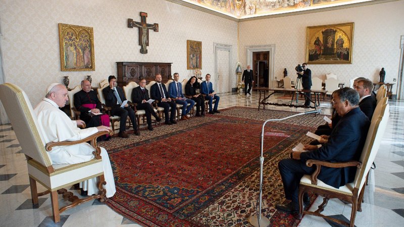 Pope Francis leads a meeting with experts from Moneyval, the European financial crime evaluators, at the Vatican in this Oct. 8, 2020, file photo. In a report published June 9, 2021, Moneyval said that while the Vatican has made progress in improving its financial oversight, internal cases involving "mid-level and senior" officials have raised "a red flag for potential abuse." (CNS photo/Vatican Media)