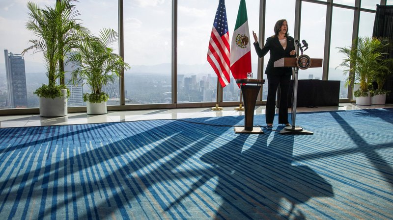 U.S. Vice President Kamala Harris delivers remarks during a news conference at the Sofitel Mexico City Reforma hotel in Mexico City June 8, 2021. (CNS photo/Carlos Barria, Reuters)