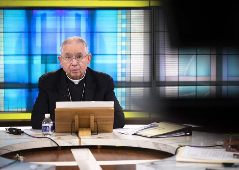Archbishop José H. Gomez of Los Angeles, president of the U.S. Conference of Catholic Bishops, holds a news conference at the USCCB headquarters in Washington June 16, 2021, the first day of the bishops' three-day spring assembly, held virtually due to concern over COVID-19. (CNS photo/Tyler Orsburn)