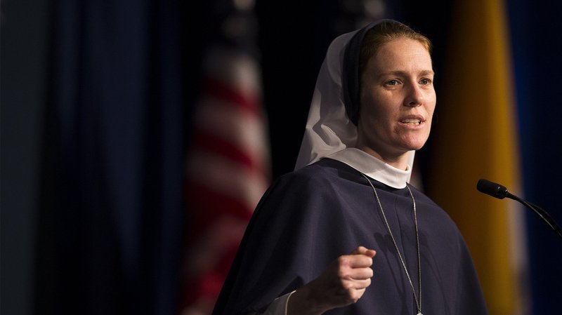 Sister Bethany Madonna, vocations director of the Sisters of Life, speaks April 23, 2019, during the National Catholic Prayer Breakfast in Washington. Sister Madonna was the opening keynote speaker at the GIVEN Institute's annual Catholic Young Womens Leadership Forum June 9-13, 2021, held at The Catholic University of America in Washington. (CNS photo/Tyler Orsburn)