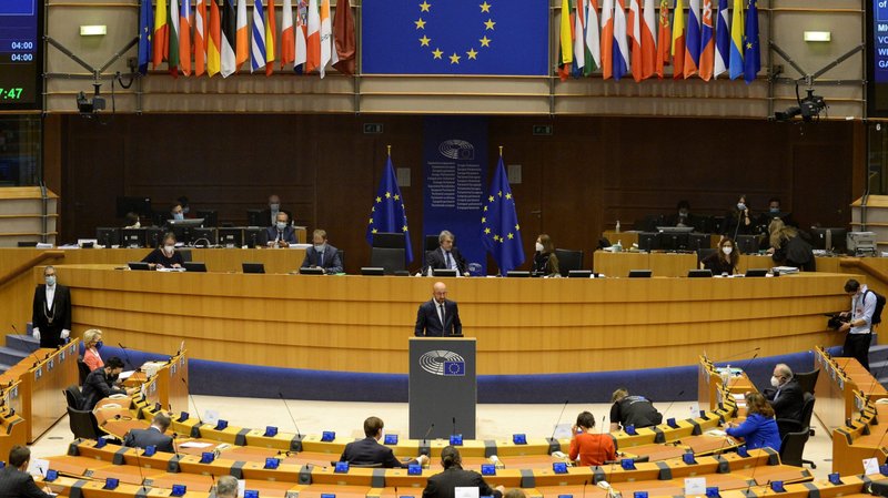 European Council President Charles Michel addresses the European Parliament plenary session in Brussels in this April 26, 2021, file photo. Members of the European Parliament have adopted a report that defines access to abortion as a human right. Europe's Catholic bishops and pro-life groups have strongly criticized the statement. (CNS photo/Johanna Geron, Reuters)