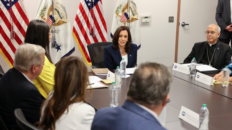 U.S. Vice President Kamala Harris takes part in a roundtable discussion at Paso del Norte Port of Entry in El Paso, Texas, June 25, 2021, with faith and community leaders who are assisting with the processing of migrants seeking asylum. At the right is Bishop Mark J. Seitz of El Paso. (CNS photo/Evelyn Hockstein, Reuters)