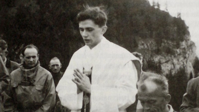 Father Joseph Ratzinger, chaplain in the parish of St. Martin in the Moosach district of Munich, celebrates Mass in a mountainous area near Ruhpolding in July 1951 after having been ordained a priest June 29, 1951. Pope Francis led pilgrims in St. Peter's Square in congratulating retired Pope Benedict XVI, the former Joseph Ratzinger, on the 70th anniversary of his priestly ordination June 29. (CNS photo/KNA)