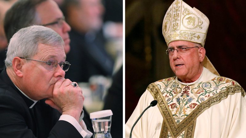 Bishop David J. Malloy of Rockford, Ill., chairman of the U.S. Conference of Catholic Bishops' Committee on International Justice and Peace, and Archbishop Joseph F. Naumann of Kansas City, Kan., chairman of the U.S. bishops' Committee on Pro-Life Activities, are seen in this composite photo. (CNS composite; photos by Bob Roller and Gregory A. Shemitz)