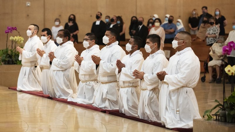 Eight men were ordained transitional deacons by Bishop David O'Connell Saturday, May 30, 2021 at the Cathedral of Our Lady of the Angels. (Victor Alemán)