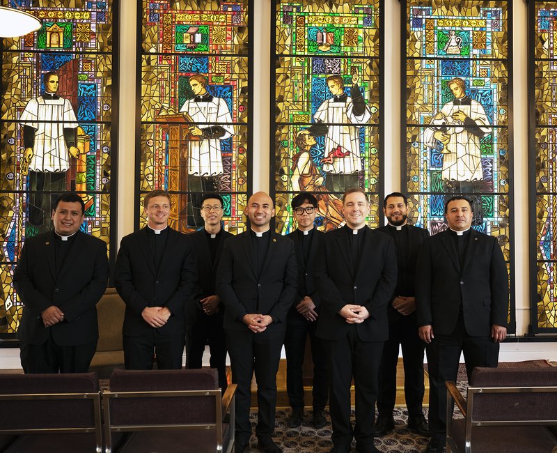 The eight men to be ordained priests June 5, 2021 for the Archdiocese of Los Angeles are pictured St St. John’s Seminary in Camarillo. (Victor Alemán)