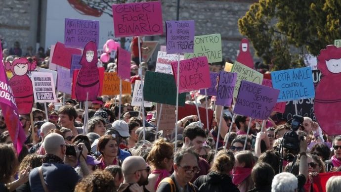 People march to protest the World Congress of Families, in Verona, Italy, Saturday, March 30, 2019. A congress in Italy under the auspices of a U.S. organization that defines family as strictly centering around a mother and father has made Verona — the city of Romeo and Juliet — the backdrop for a culture clash over family values, with a coalition of civic groups mobilizing against what they see as a counter-reform movement to limit LGBT and women's rights. (Antonio Calanni/AP via Crux)