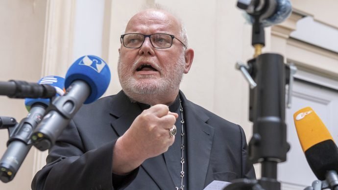 Cardinal Reinhard Marx, Archbishop of Munich and Freising, gives a statement to the press in the courtyard of his residence in Munich, Germany, Friday, June 4, 2021. A leading German cardinal and confidante of Pope Francis has offered to resign over the church’s mishandling of clergy sexual abuse scandals and declared that the church had arrived at “a dead end.” Cardinal Reinhard Marx published his resignation letter to the pope online Friday. (Peter Kneffel/dpa/AP via Crux)