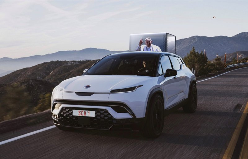 A artist's rendering of the new popemobile being developed for Pope Francis. "The spacious interior of the Fisker Ocean SUV supports a large, modern, all-glass cupola, offering accessibility and visibility for Pope Francis to greet the faithful," according the Manhattan Beach-based carmaker.